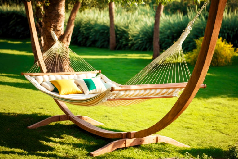 two wooden poles for hanging comfortable hammock in garden